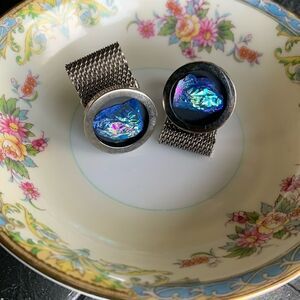 Statement Vintage Blue Dragon glass Cufflinks w/mesh, in Silver tone, Unmarked